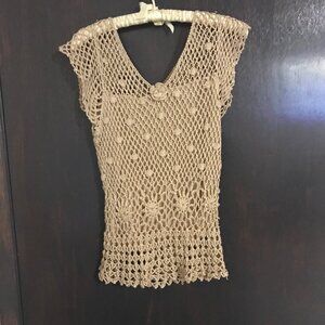Ladies Crochet Knit Beige Sleeveless Top, Size Small